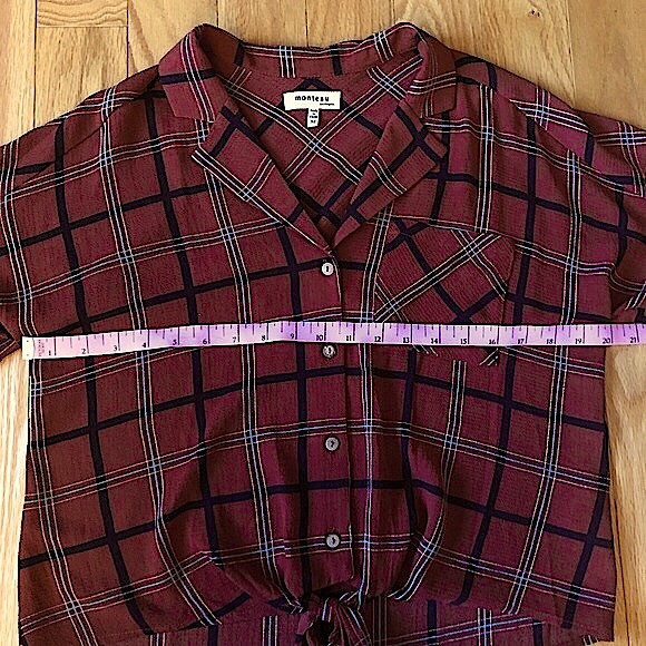 Monteau Burnt Orange Plaid Tie Front Blouse - Picture 6 of 8